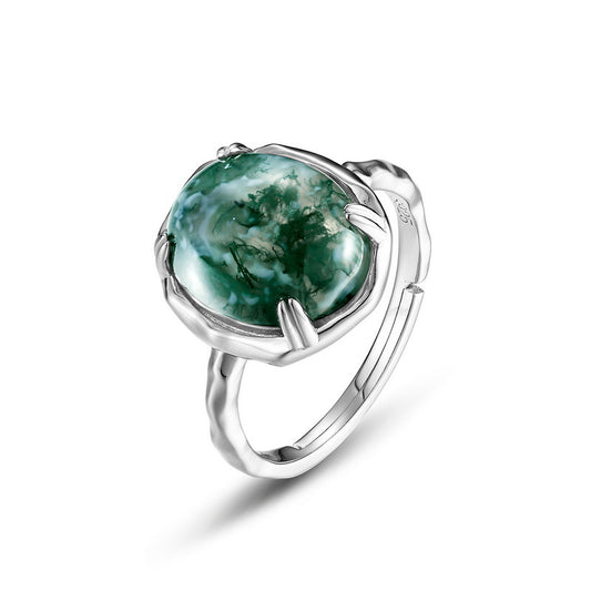 Elegant Simple Round Cut Moss Agate Engagement Ring Silver for Anniversary Celebrations