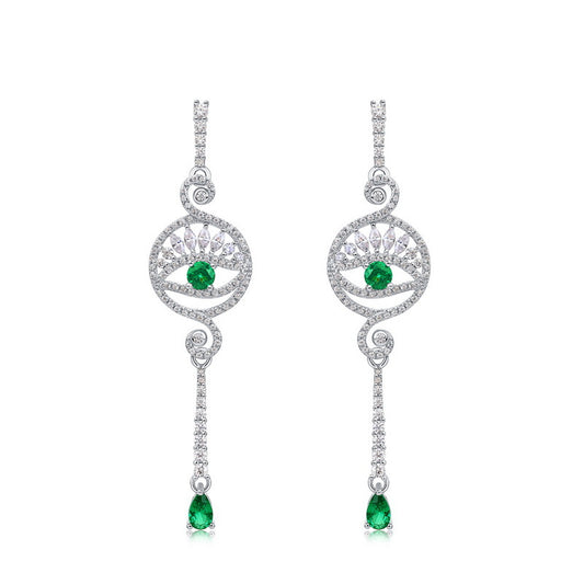 Evil Eye Hypoallergenic Art Deco Round Cut Emerald Silver Stud Earrings for Brides