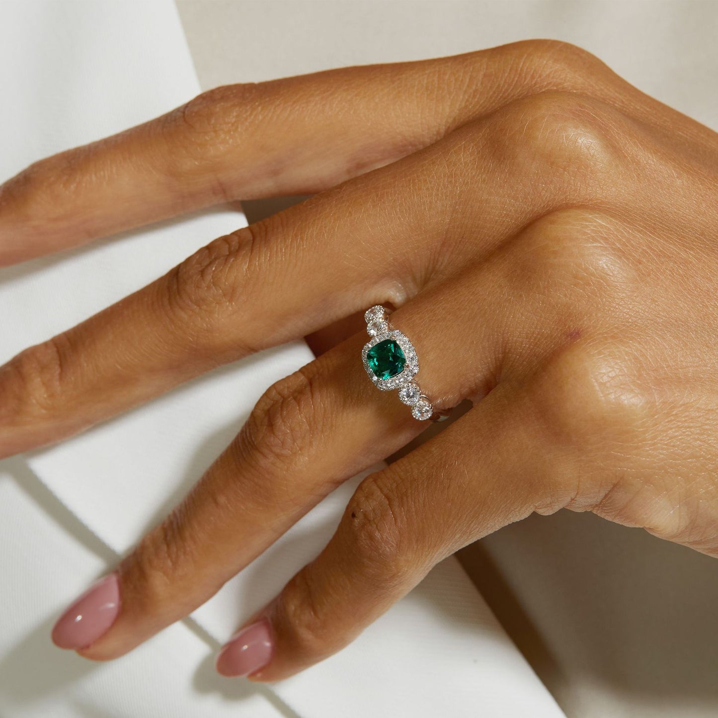 Radiant Unique Cushion Cut Emerald Engagement Ring Silver For Couples