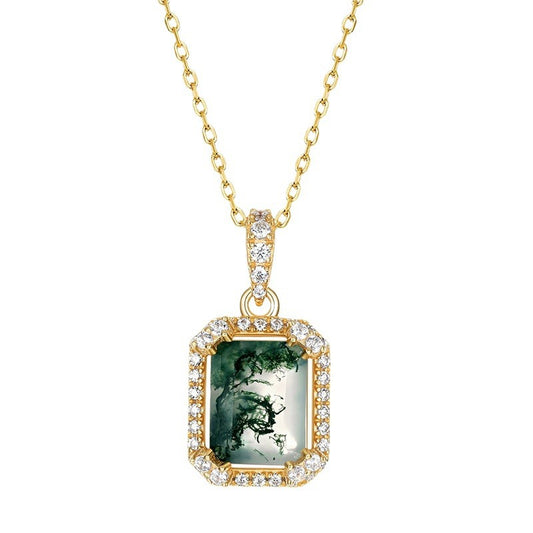 Art Deco Glitter Emerald Cut Moss Agate Solitaire Necklaces Silver Gifts for Brides