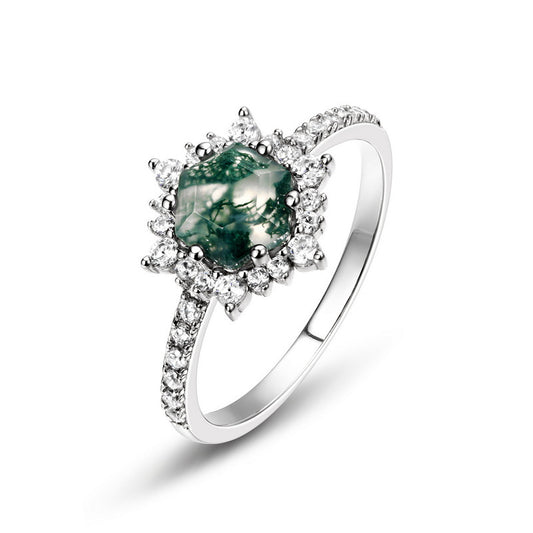 Sophisticated Eternity Hexagon Cut Moss Agate Engagement Ring Silver for Engagement