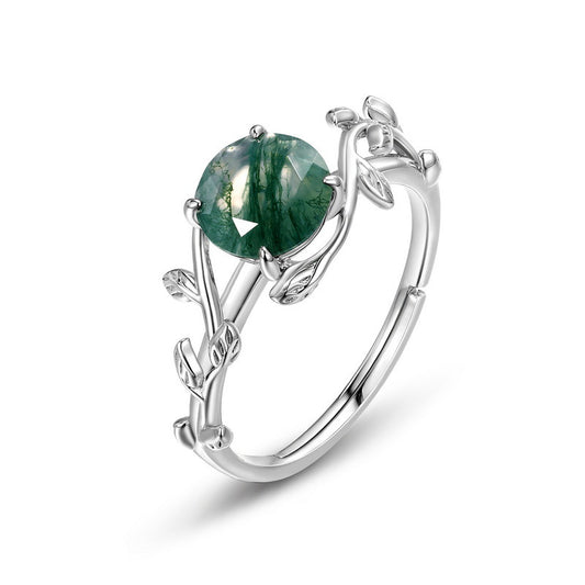 Vintage Elegant Round Cut Moss Agate Engagement Ring In Silver Gifts For Brides