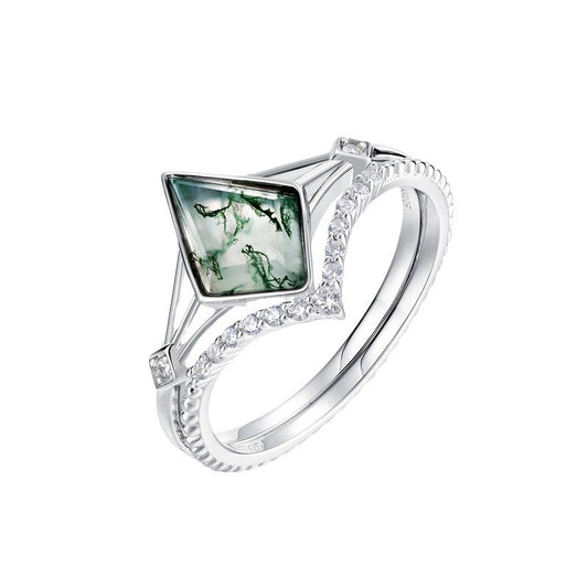 Timeless Kite Cut Moss Agate Engagement Ring Silver Set For Unique Tastes Couples