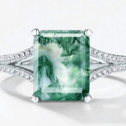 Art Deco Exquisite Emerald Cut Moss Agate Engagement Ring Silver Unique Tastes