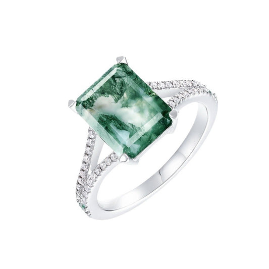 Art Deco Exquisite Emerald Cut Moss Agate Engagement Ring Silver Unique Tastes