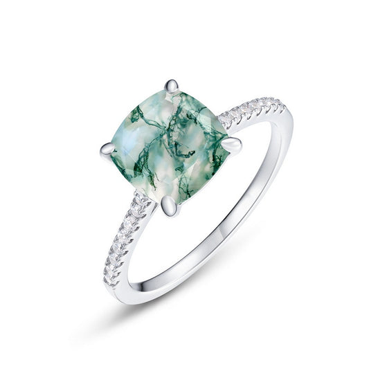 Best Elegant Cushion Cut Moss Agate Engagement Ring Silver For Elegant Women For Brides