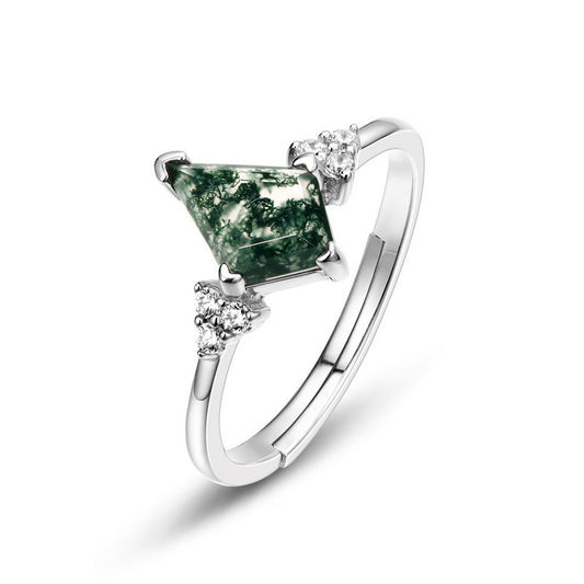 Elegant Unique Kite Cut Moss Agate Engagement Ring Silver for Milestone Moments