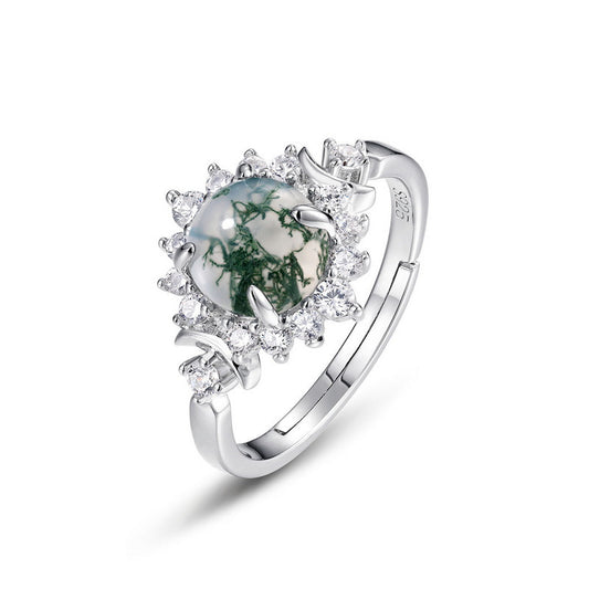 Art Deco Radiant Round Cut Moss Agate Engagement Ring Silver Anniversary Gifts For Her