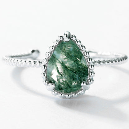 Art Deco Vintage Pear Cut Moss Agate Engagement Ring Silver For Elegant Women For Wives