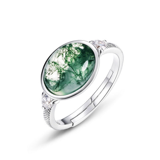 Non-Traditional Vintage Oval cut Moss Agate Ring Silver Gifts for Her