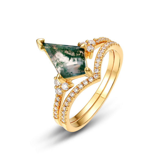 Luxury Kite Cut Moss Agate Engagement Ring Silver And 10K Gold Band Sets For Elegant Women