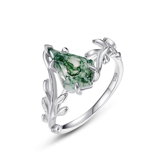 Solitaire Best Emerald Cut Moss Agate Ring Silver Anniversary Gifts for Her