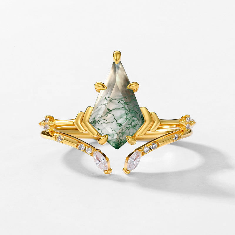 Timeless Simple Kite cut Moss Agate Ring Silver Gifts for Mom