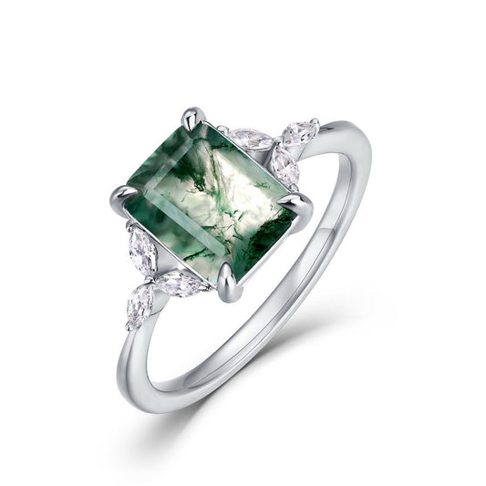 Unique Radiant Emerald cut Moss Agate Ring Silver Anniversary Gifts for Her