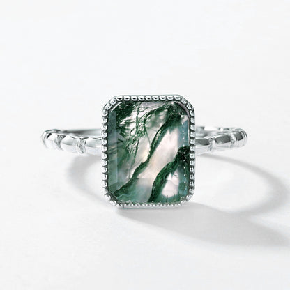 Affordable Charming Emerald Cut Moss Agate Engagement Ring Silver For Her Day