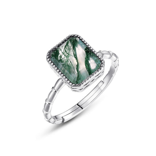 Affordable Charming Emerald Cut Moss Agate Engagement Ring Silver For Her Day