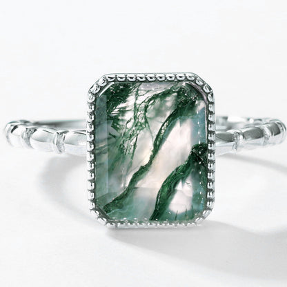 Affordable Charming Emerald Cut Moss Agate Engagement Ring Silver For Her Day