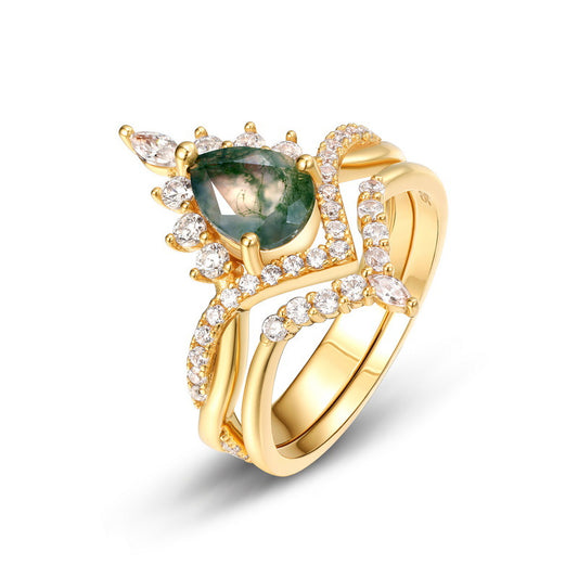 High-Quality Pear Cut Moss Agate Engagement Ring Silver and 10K Gold Set For Anniversaries